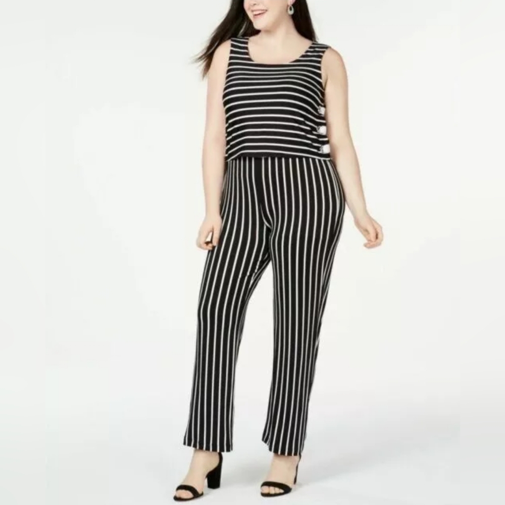 NY Collection Black & White Striped Lace Up Jumpsuit Women's Plus Size 1X